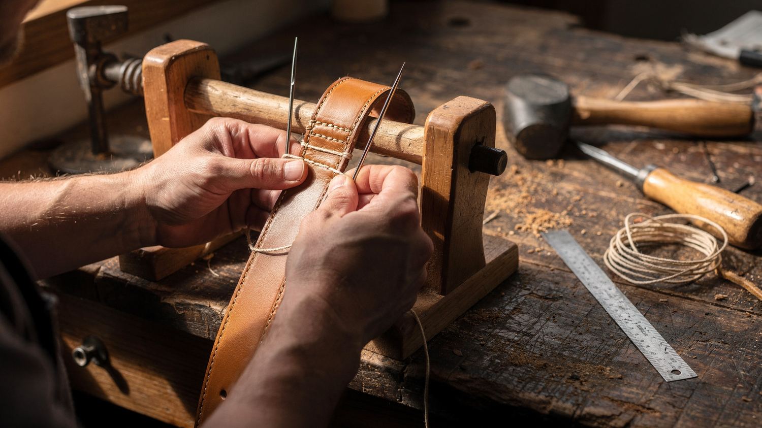 A leatherworker saddle-stitching a belt at a workbench