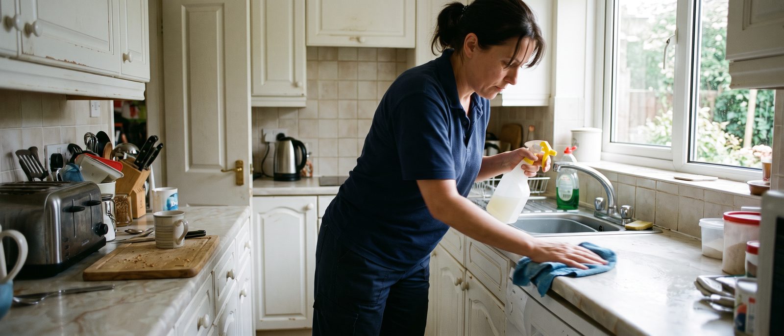 Cleaner working in a bright residential kitchen
