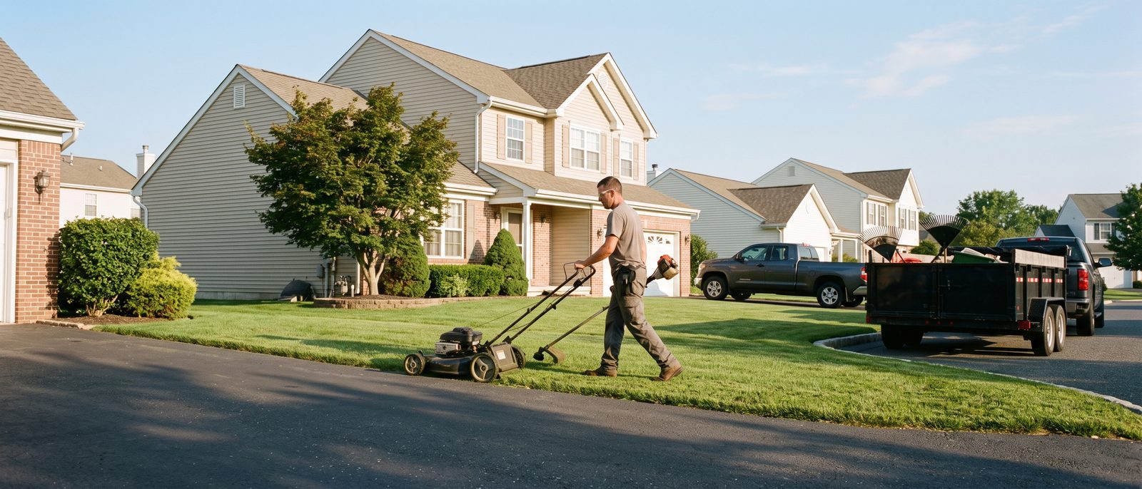 Landscaper edging a lawn on a residential street