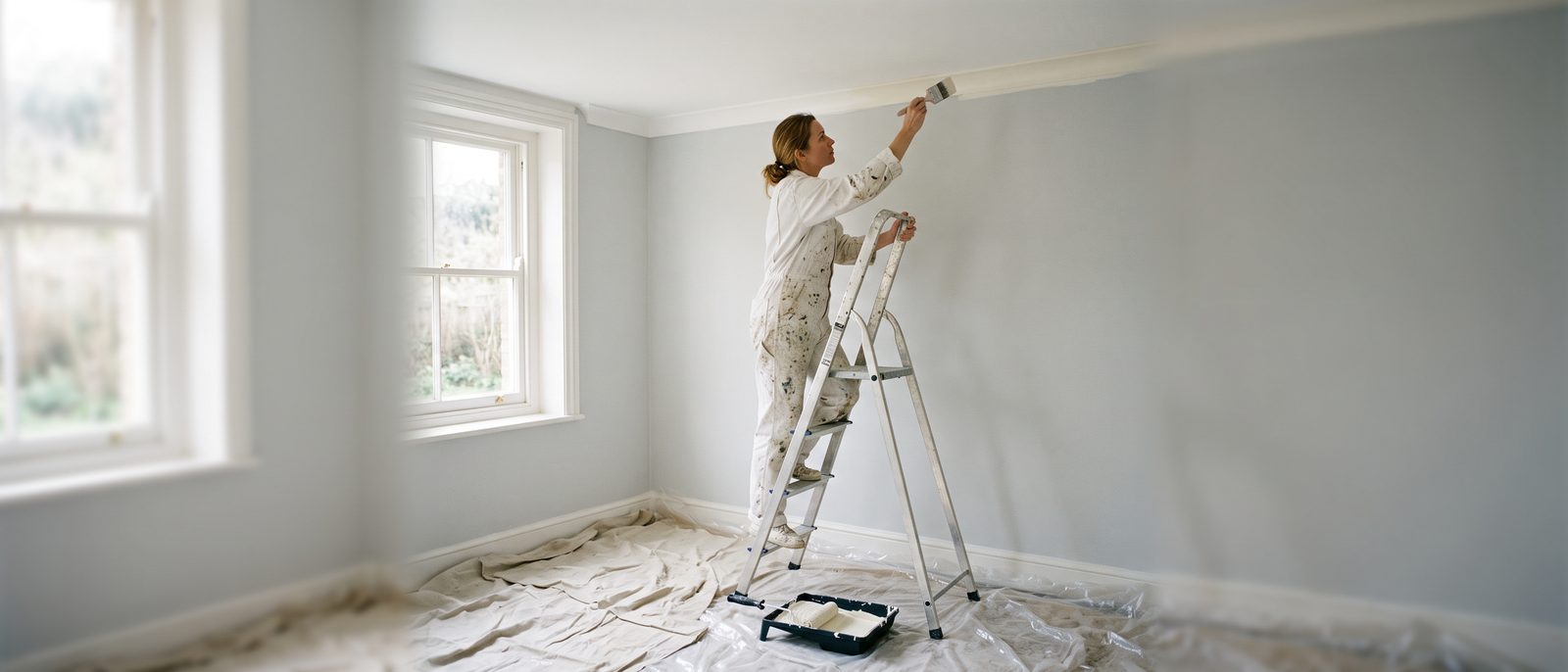 Painter cutting in along the trim of a room