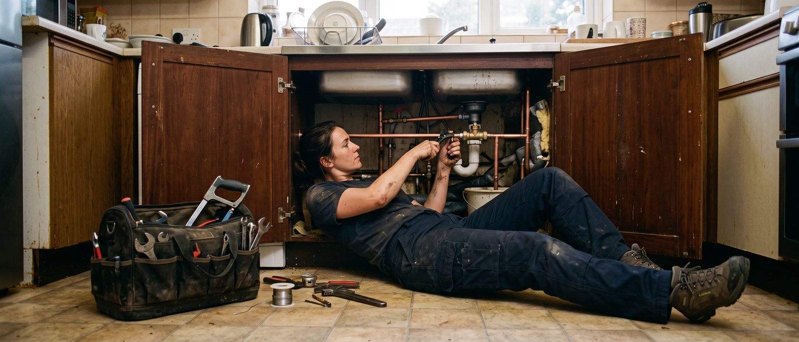 Plumber fitting pipework under a kitchen sink