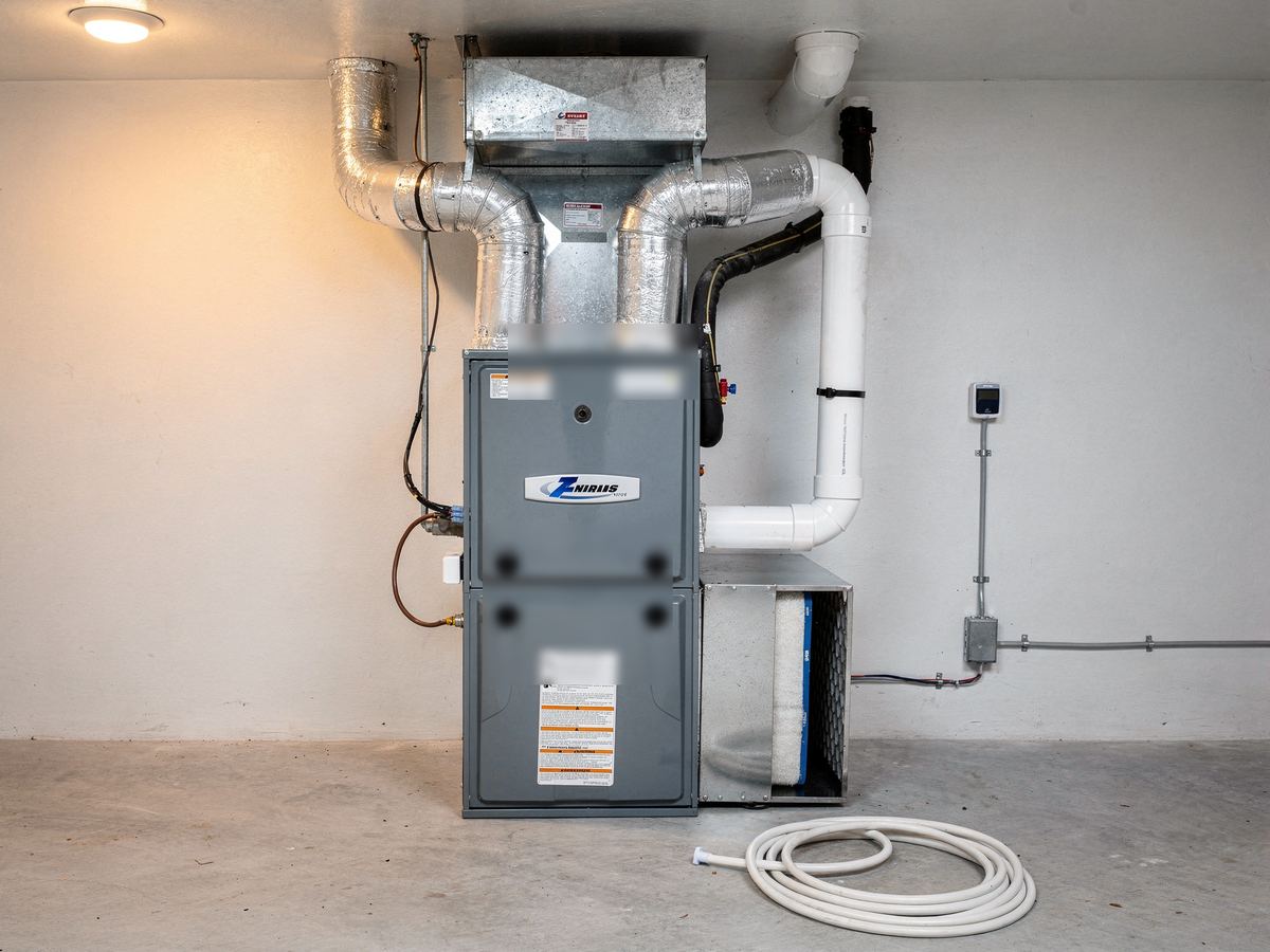 A newly installed high-efficiency furnace in a clean basement utility room