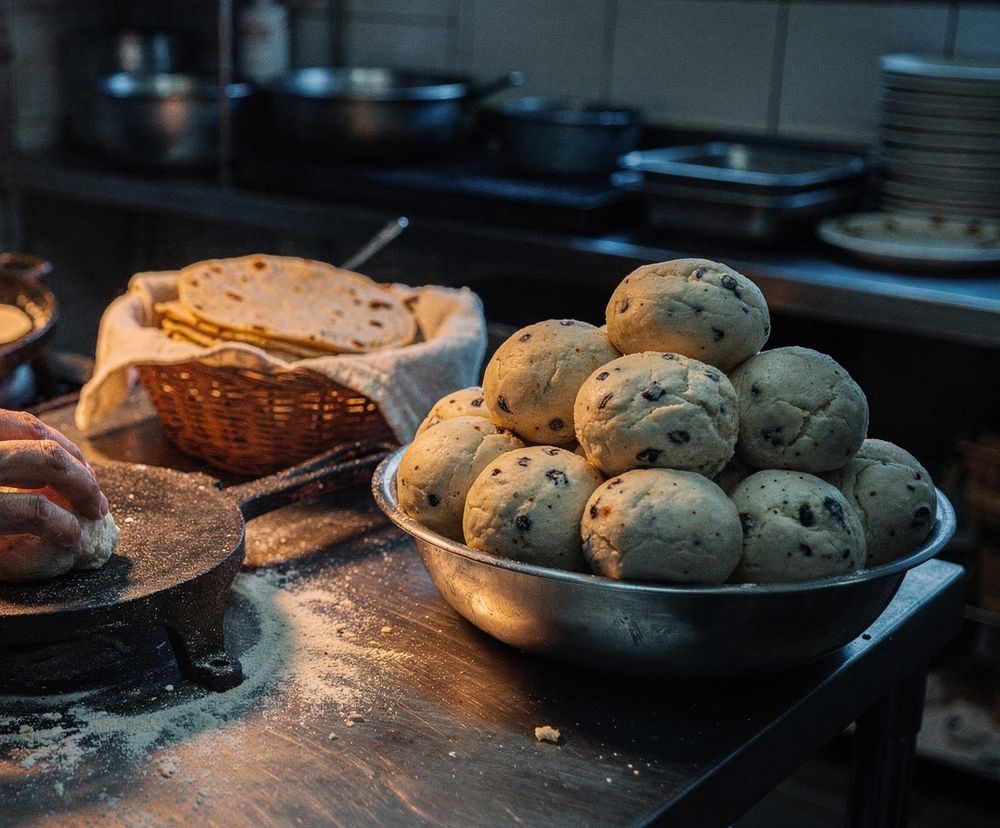 Masa portioned into balls beside a basket of fresh tortillas in the kitchen